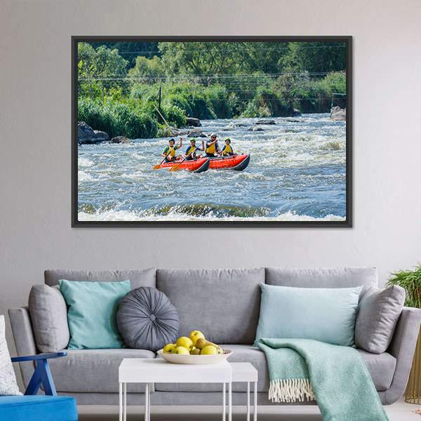 Family Rafting In River Canvas Wall Art-3 Horizontal-Gallery Wrap-25" x 16"-Tiaracle
