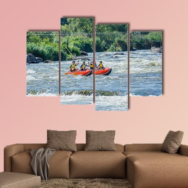 Family Rafting In River Canvas Wall Art-4 Pop-Gallery Wrap-50&quot; x 32&quot;-Tiaracle