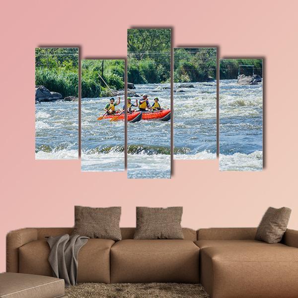 Family Rafting In River Canvas Wall Art-5 Pop-Gallery Wrap-47&quot; x 32&quot;-Tiaracle