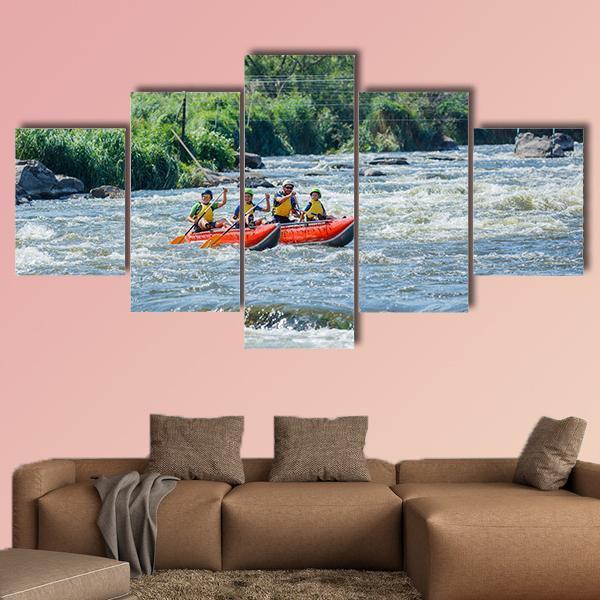 Family Rafting In River Canvas Wall Art-5 Star-Gallery Wrap-62" x 32"-Tiaracle
