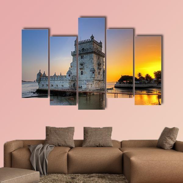 Belem Tower At Sunset Canvas Wall Art-5 Pop-Gallery Wrap-47" x 32"-Tiaracle