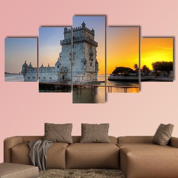 Belem Tower At Sunset Canvas Wall Art-5 Star-Gallery Wrap-62" x 32"-Tiaracle