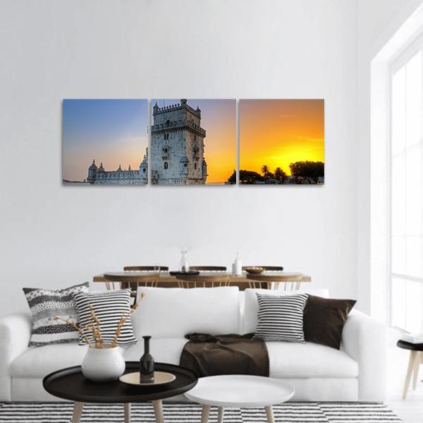Belém Tower at Sunset Panoramic Canvas Wall Art in gray, orange and blue, hung on a wall