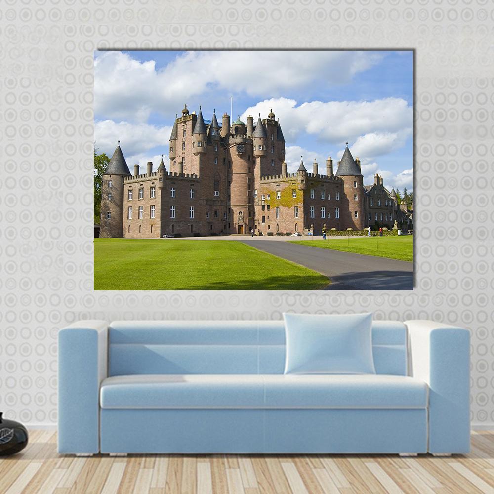 Glamis Castle Scotland Canvas Wall Art in brown, green and blue, single panel hung on a wall