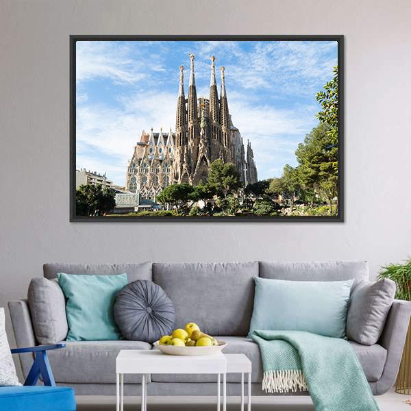Famous Cathedral In Barcelona Canvas Wall Art-1 Piece-Floating Frame-36" x 24"-Tiaracle
