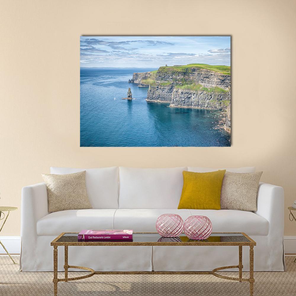 Cliffs of Moher Coastal View Canvas Wall Art in gray, green and blue, single panel hung on a wall