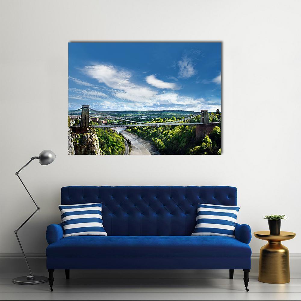 Clifton Suspension Bridge Over River Gorge Canvas Wall Art in white, green and blue, single panel hung on a wall