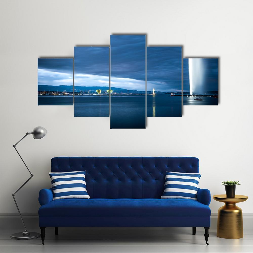 Famous Fountain In Geneva Canvas Wall Art-5 Star-Gallery Wrap-62" x 32"-Tiaracle