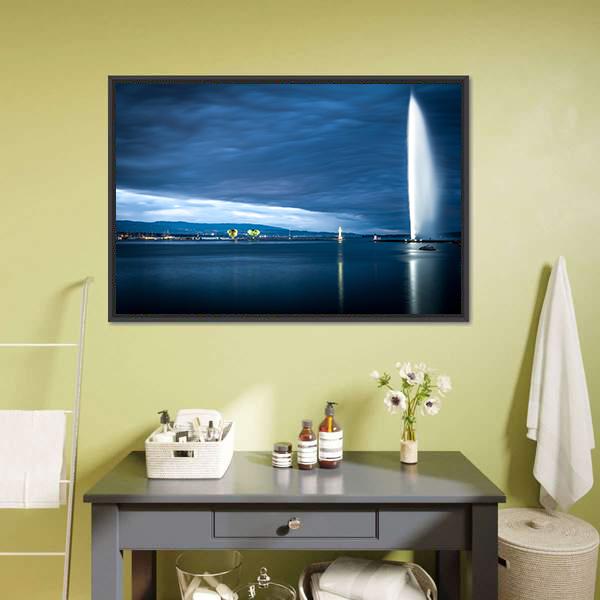 Famous Fountain In Geneva Canvas Wall Art-1 Piece-Floating Frame-24" x 16"-Tiaracle
