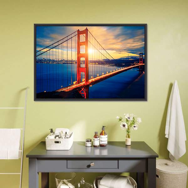 Golden Gate Bridge at Sunset Canvas Wall Art in orange, yellow and blue, framed canvas, product view on a white background