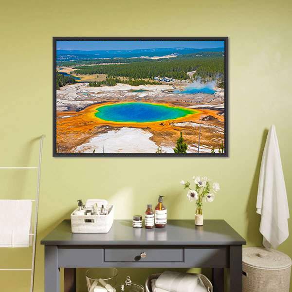 Grand Prismatic Spring Canvas Wall Art in orange, blue and multicolor, framed canvas, product view on a white background
