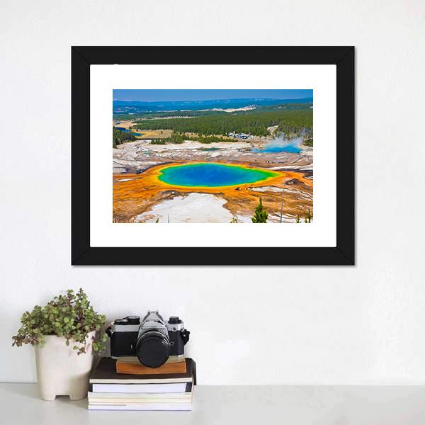 Grand Prismatic Spring Canvas Wall Art in orange, blue and multicolor, framed print, product view on a white background