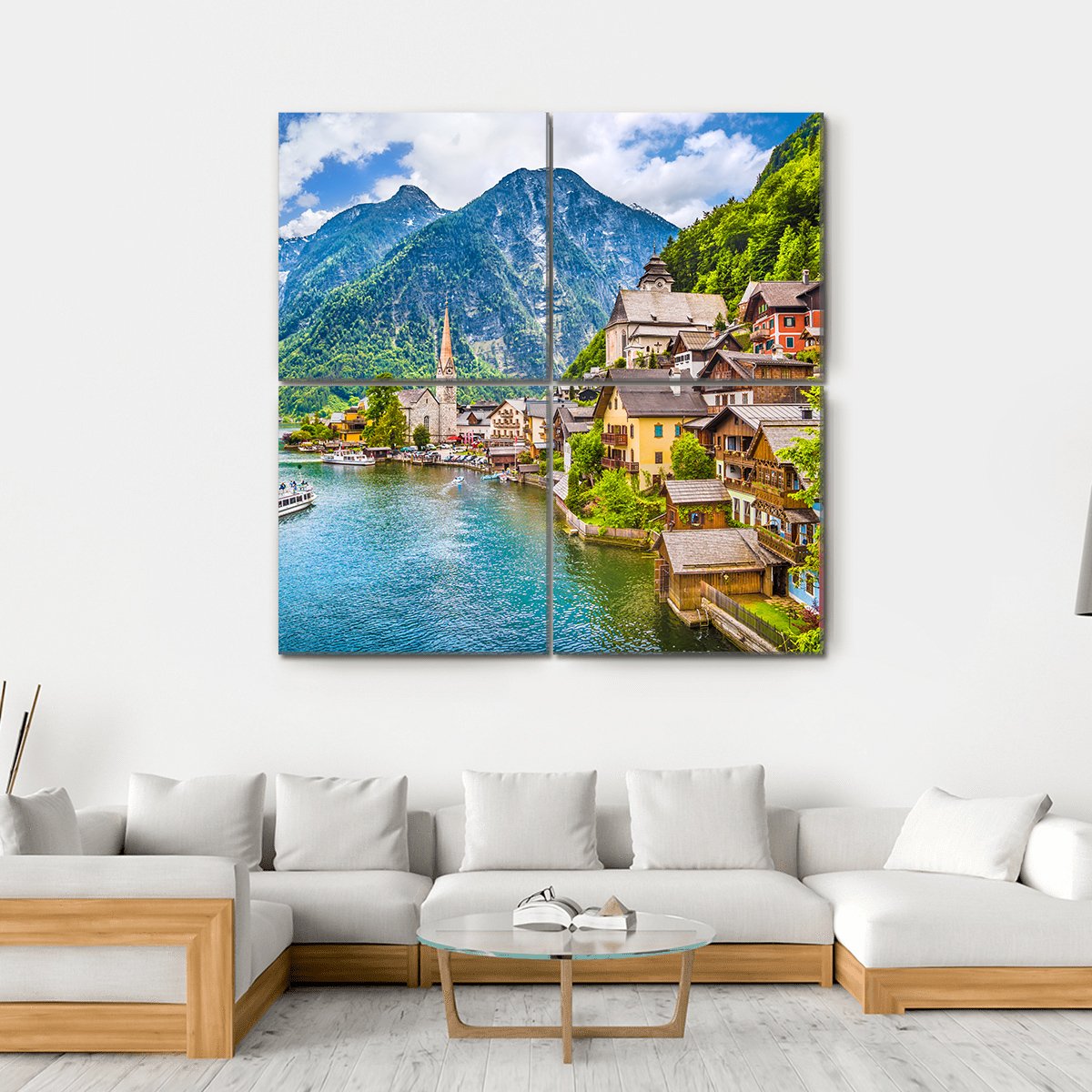 Famous Hallstatt Mountain Village Canvas Wall Art-4 Square-Gallery Wrap-17" x 17"-Tiaracle