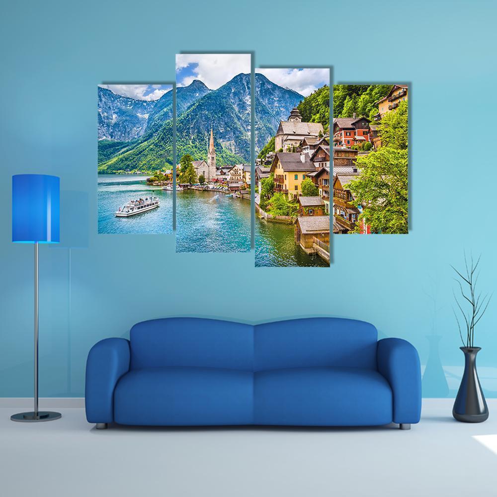 Famous Hallstatt Mountain Village Canvas Wall Art-4 Pop-Gallery Wrap-50" x 32"-Tiaracle