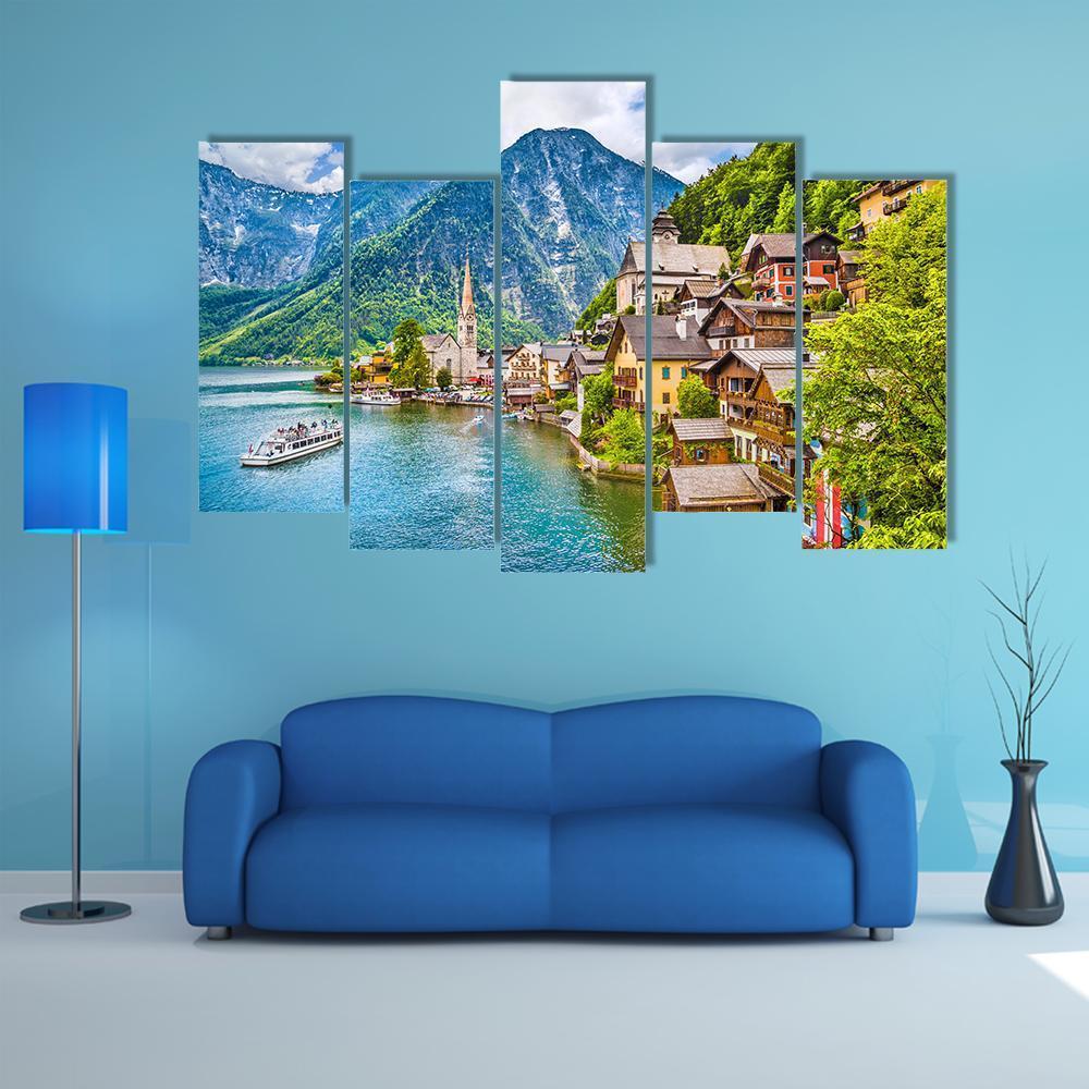 Famous Hallstatt Mountain Village Canvas Wall Art-5 Pop-Gallery Wrap-47" x 32"-Tiaracle