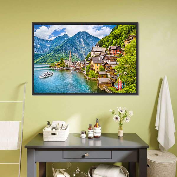 Famous Hallstatt Mountain Village Canvas Wall Art-1 Piece-Floating Frame-24" x 16"-Tiaracle