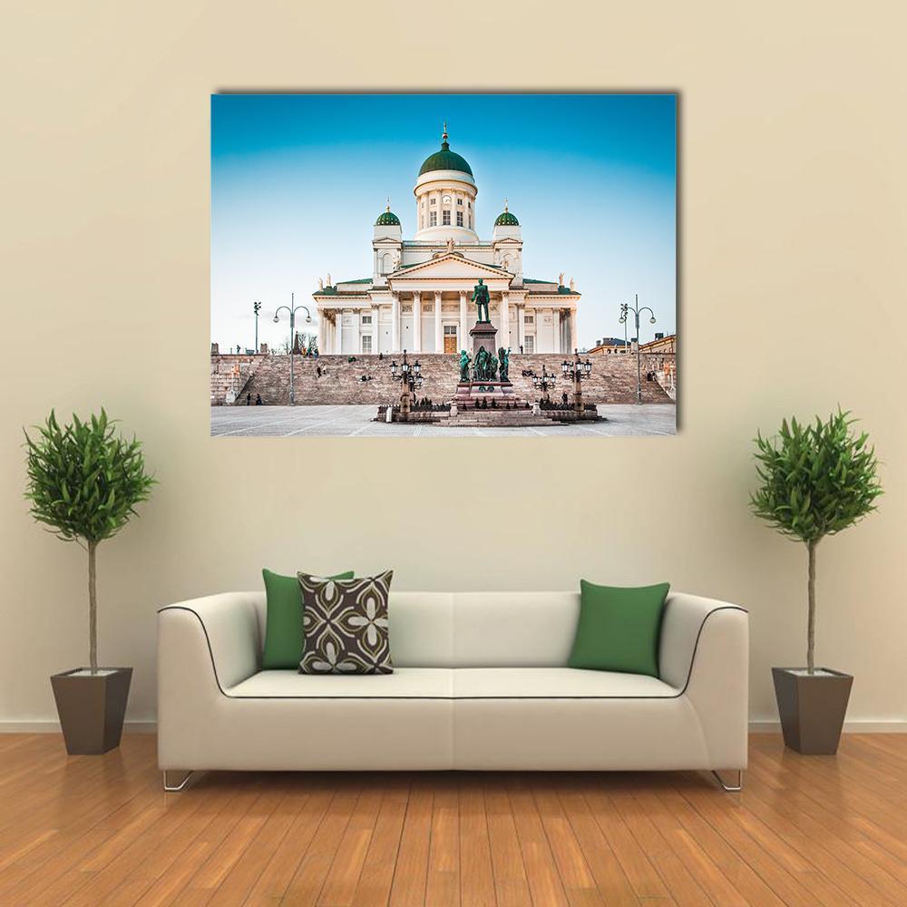 Helsinki Cathedral at Senate Square Canvas Wall Art in white, gray and blue, single panel hung on a wall