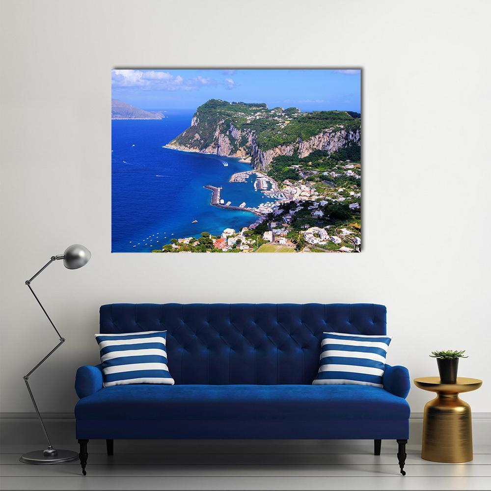 Aerial View of Capri Harbor Canvas Wall Art in white, green and blue, single panel hung on a wall