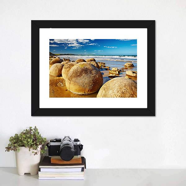 Famous Moeraki Boulders Canvas Wall Art-1 Piece-Framed Print-20" x 16"-Tiaracle