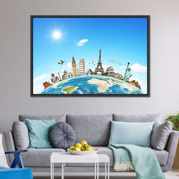 Famous Monuments Of The World Canvas Wall Art-1 Piece-Floating Frame-24" x 16"-Tiaracle