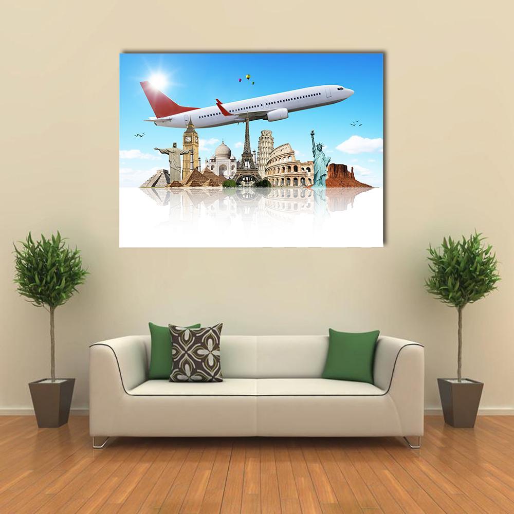 Global Landmarks Collage with Airplane Canvas Wall Art in white, beige and blue, single panel hung on a wall