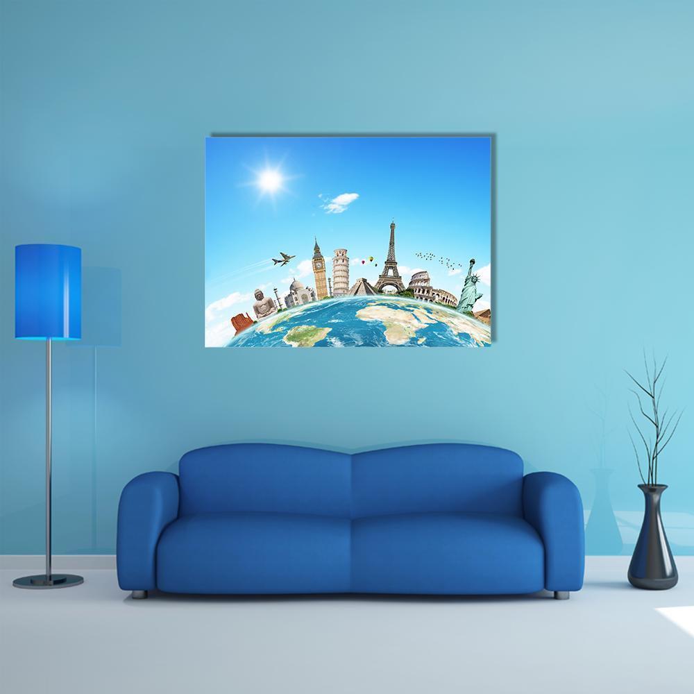 Famous Monuments of the World Canvas Wall Art in white and blue, single panel hung on a wall