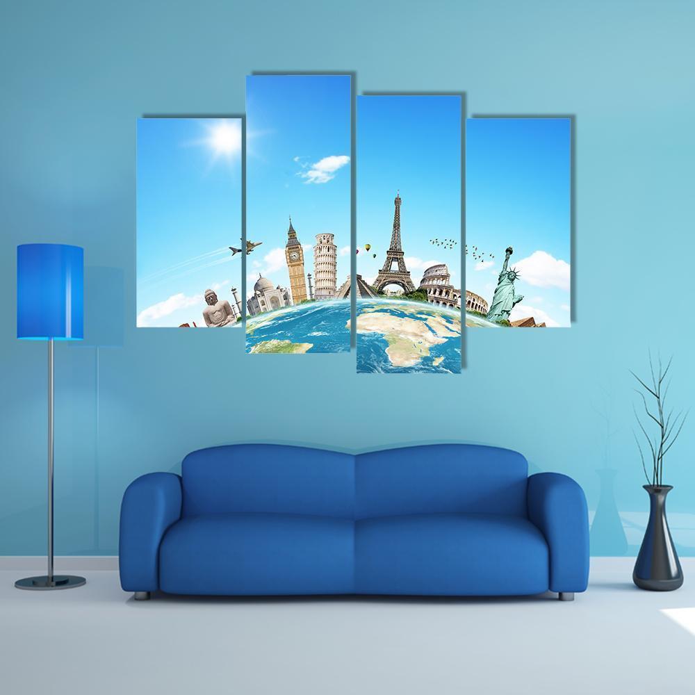 Famous Monuments Of The World Canvas Wall Art-4 Pop-Gallery Wrap-50" x 32"-Tiaracle