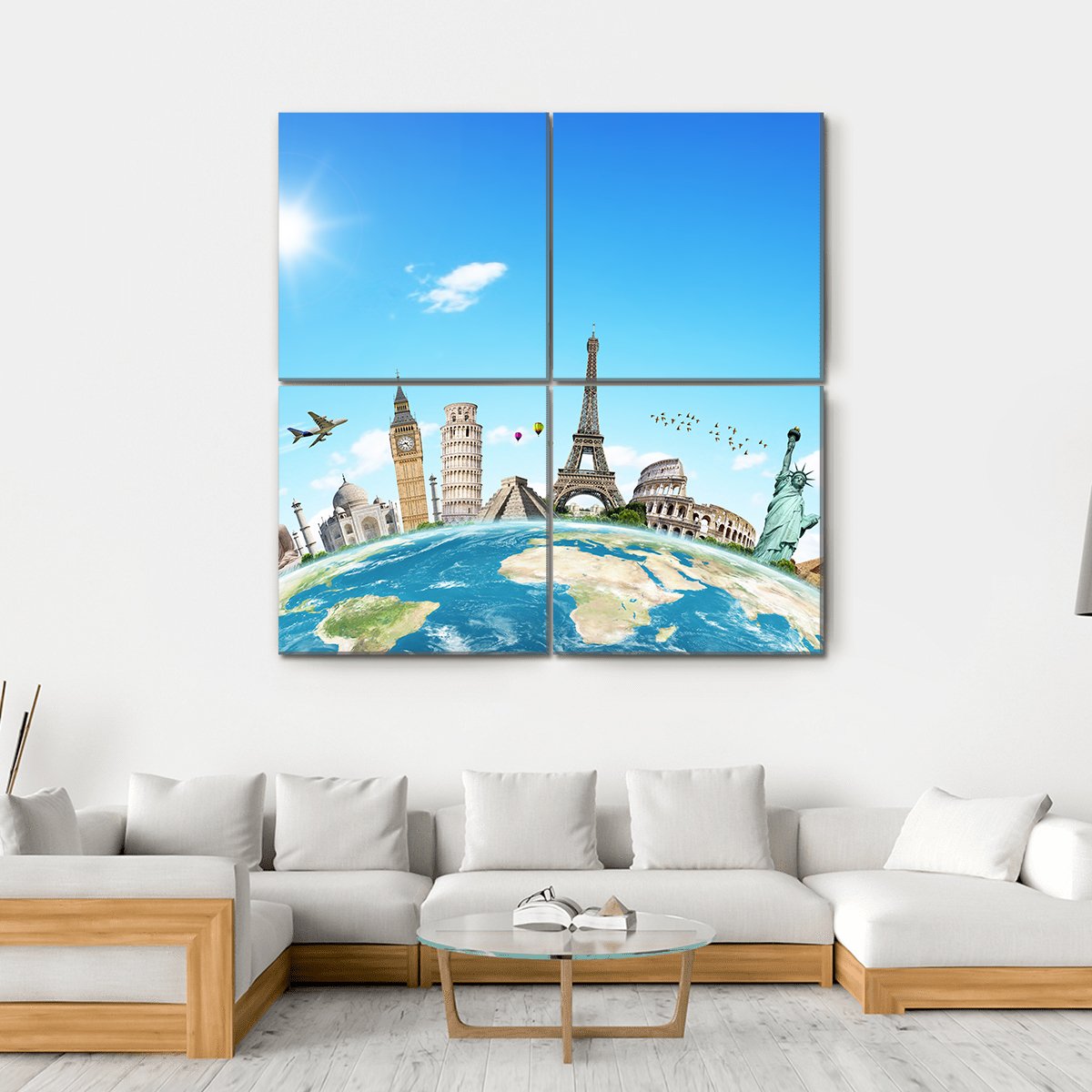 Famous Monuments Of The World Canvas Wall Art-4 Square-Gallery Wrap-17" x 17"-Tiaracle