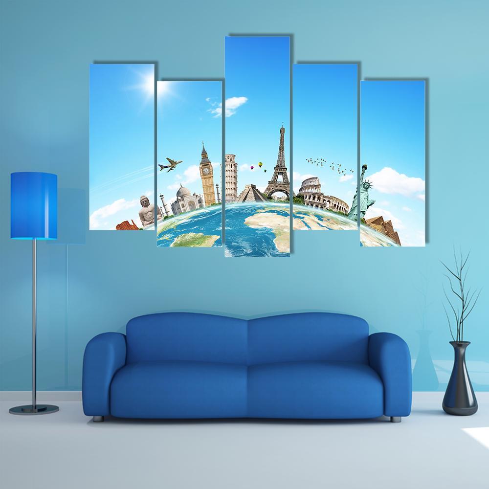 Famous Monuments Of The World Canvas Wall Art-5 Pop-Gallery Wrap-47" x 32"-Tiaracle