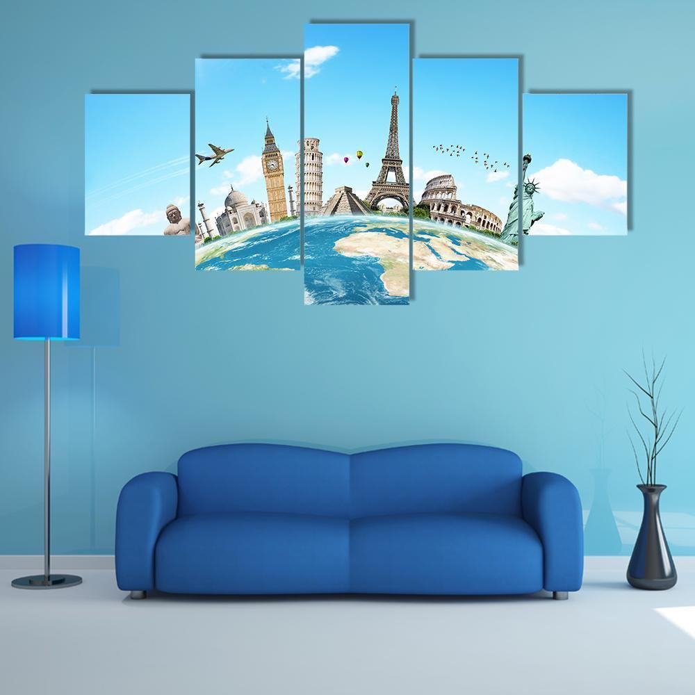 Famous Monuments Of The World Canvas Wall Art-5 Star-Gallery Wrap-62" x 32"-Tiaracle