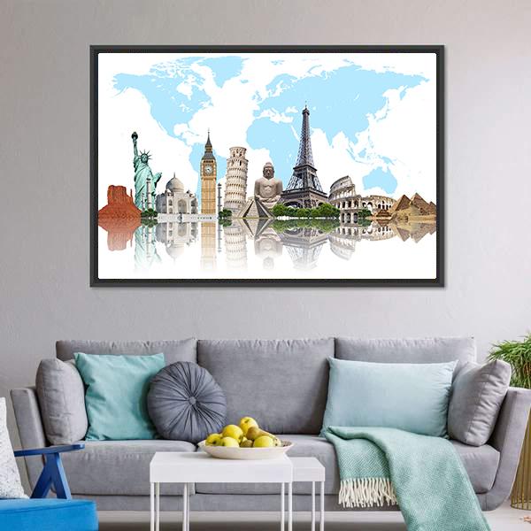 Famous Monuments Of The World Panoramic Canvas Wall Art-1 Piece-36" x 12"-Tiaracle