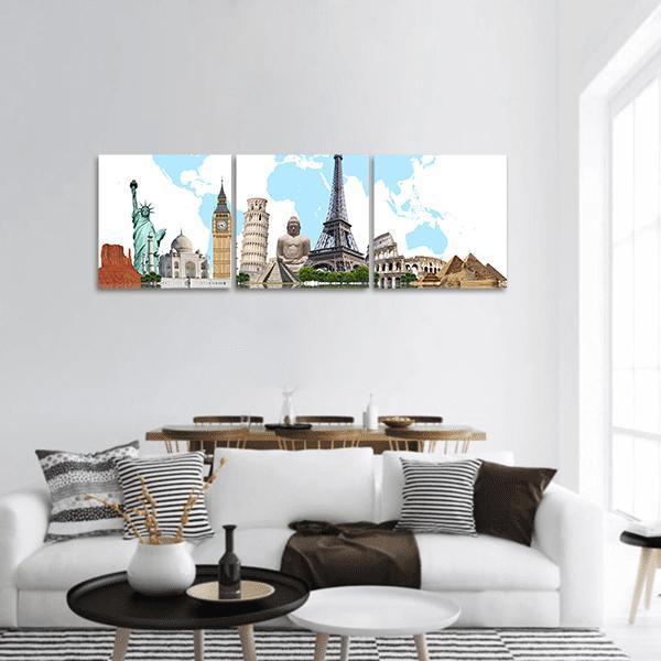 Famous Monuments of the World Panoramic Canvas Wall Art in white, brown and blue, hung on a wall