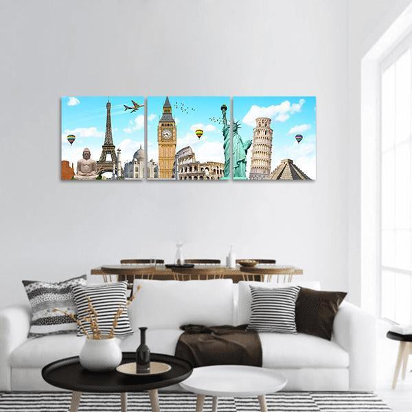 Famous Monuments Of The World Panoramic Canvas Wall Art-3 Piece-25" x 08"-Tiaracle