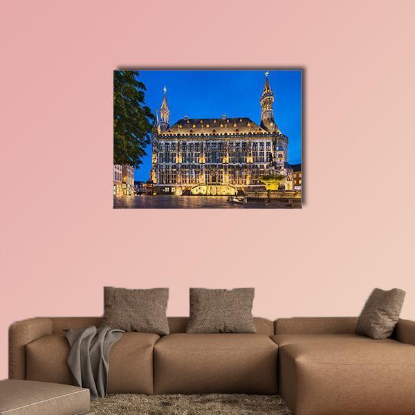 Town Hall of Aachen Canvas Wall Art in gold, yellow and blue, single panel hung on a wall