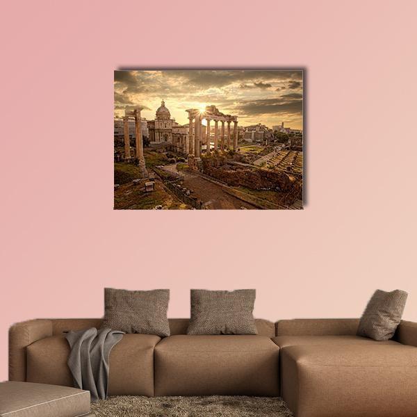 Roman Ruins at Sunset Canvas Wall Art in brown, gold and orange, single panel hung on a wall