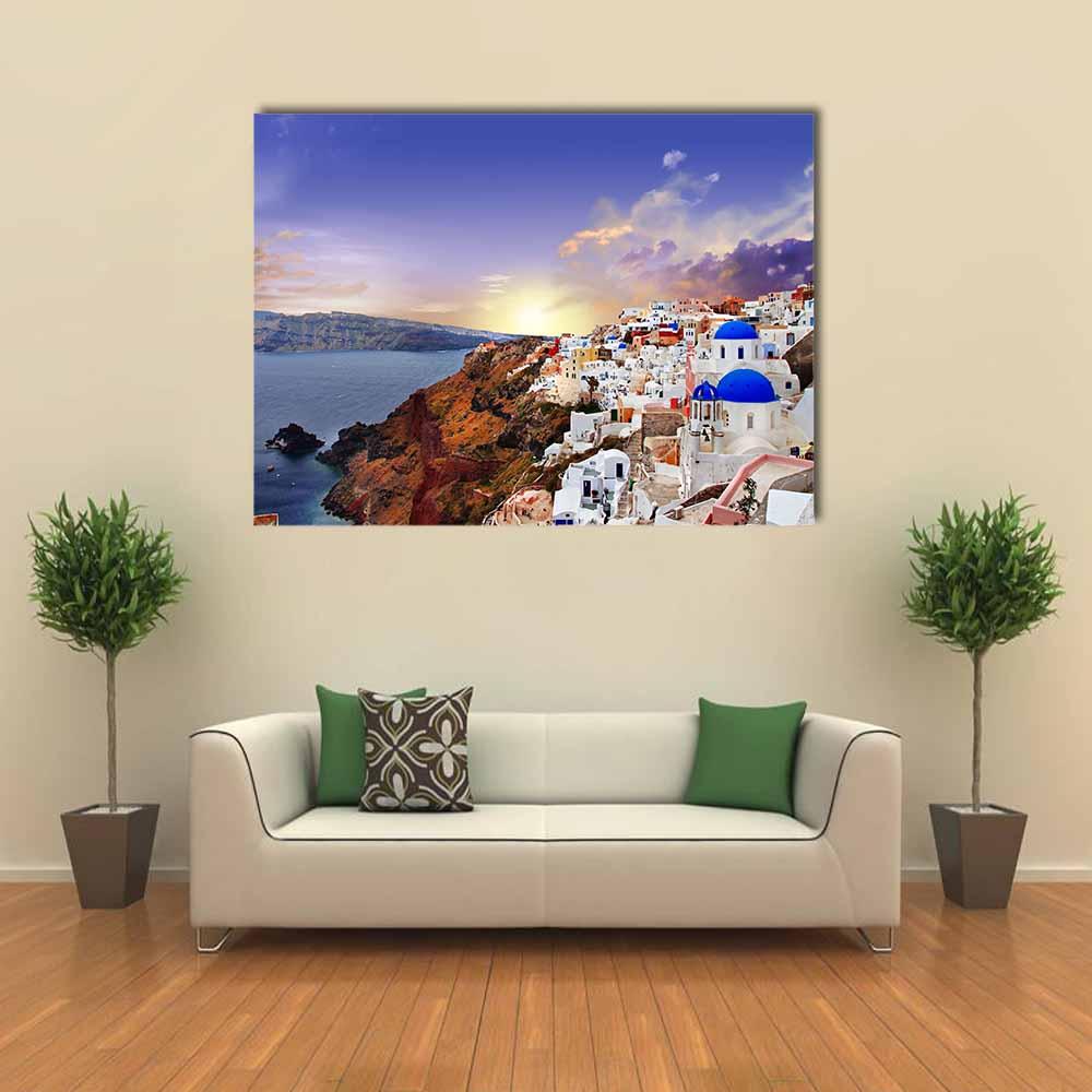 Famous Santorini At Sunset Canvas Wall Art-1 Piece-Gallery Wrap-24" x 16"-Tiaracle