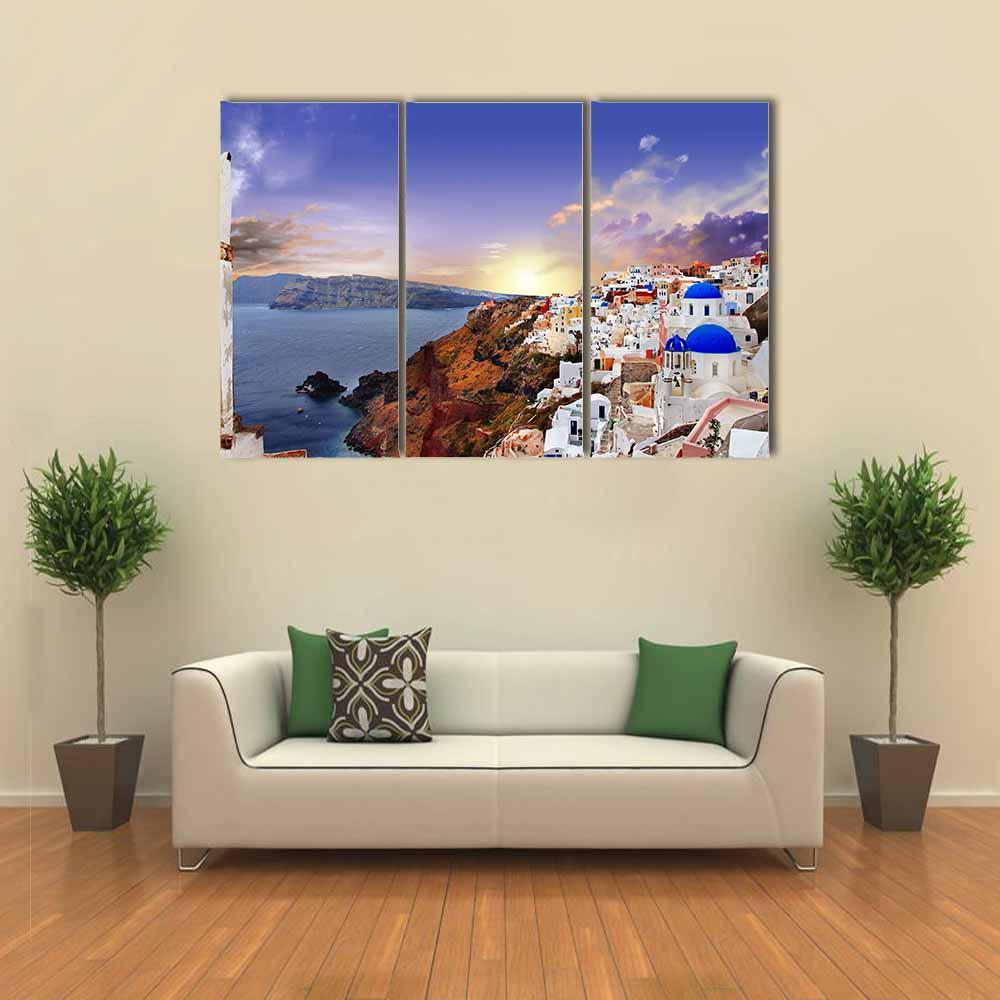 Famous Santorini At Sunset Canvas Wall Art-3 Horizontal-Gallery Wrap-25" x 16"-Tiaracle