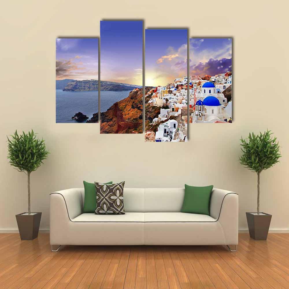 Famous Santorini At Sunset Canvas Wall Art-4 Pop-Gallery Wrap-34" x 20"-Tiaracle