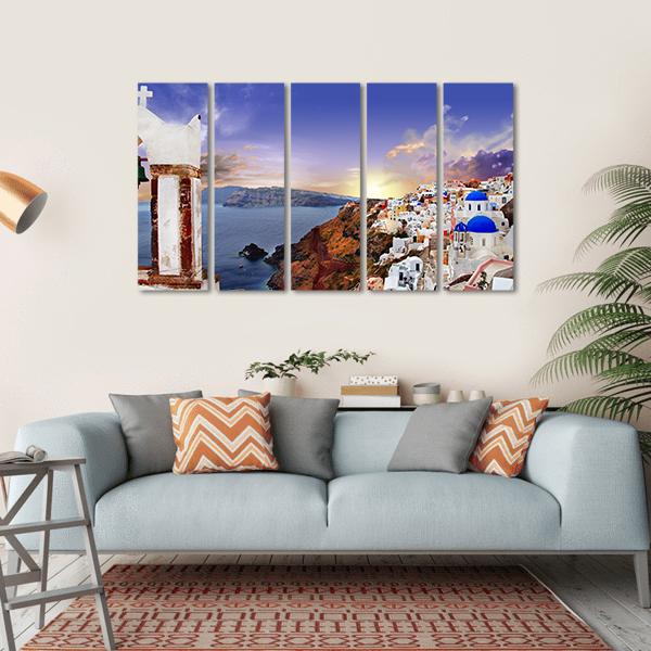 Famous Santorini At Sunset Canvas Wall Art-5 Horizontal-Gallery Wrap-22" x 12"-Tiaracle