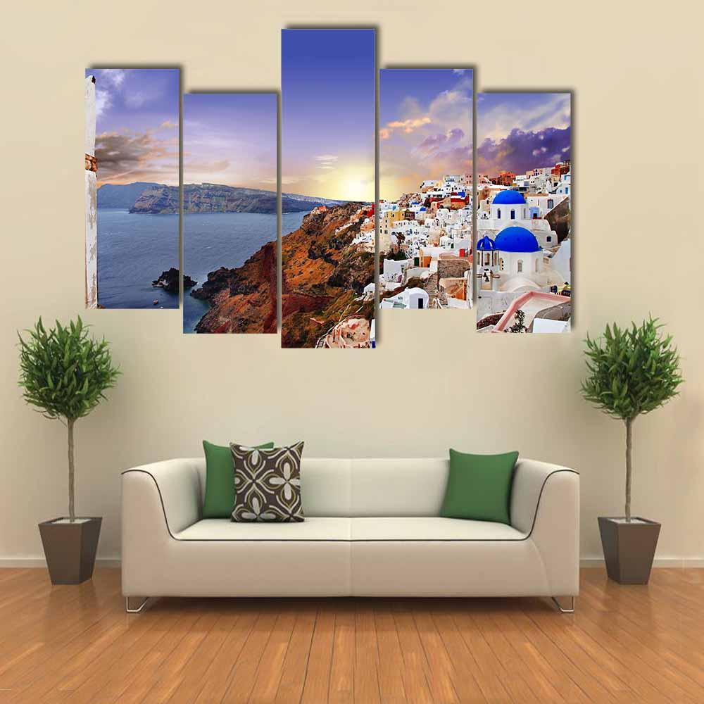 Famous Santorini At Sunset Canvas Wall Art-5 Pop-Gallery Wrap-32" x 21"-Tiaracle