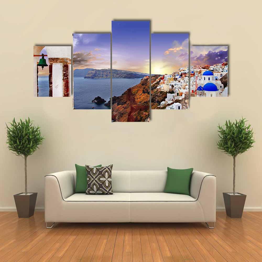 Famous Santorini At Sunset Canvas Wall Art-5 Star-Gallery Wrap-42" x 21"-Tiaracle