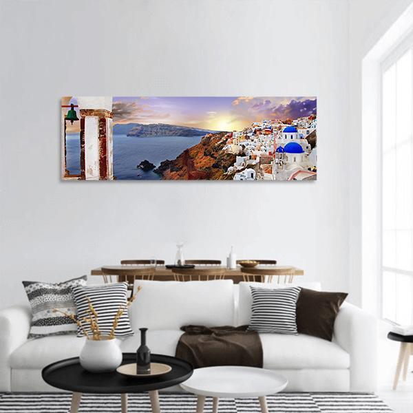 Famous Santorini At Sunset Panoramic Canvas Wall Art-1 Piece-36" x 12"-Tiaracle