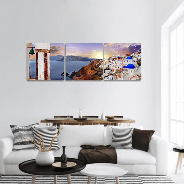 Famous Santorini At Sunset Panoramic Canvas Wall Art-3 Piece-25" x 08"-Tiaracle