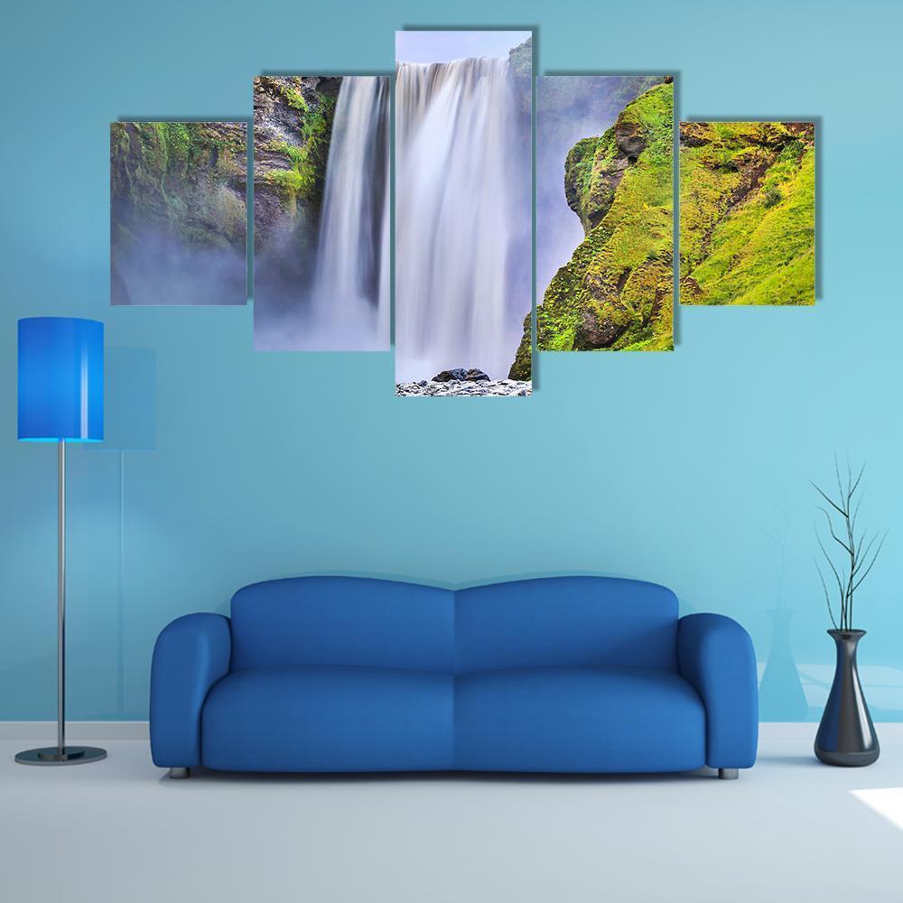 Famous Skogafoss Waterfall Canvas Wall Art-5 Star-Gallery Wrap-62" x 32"-Tiaracle