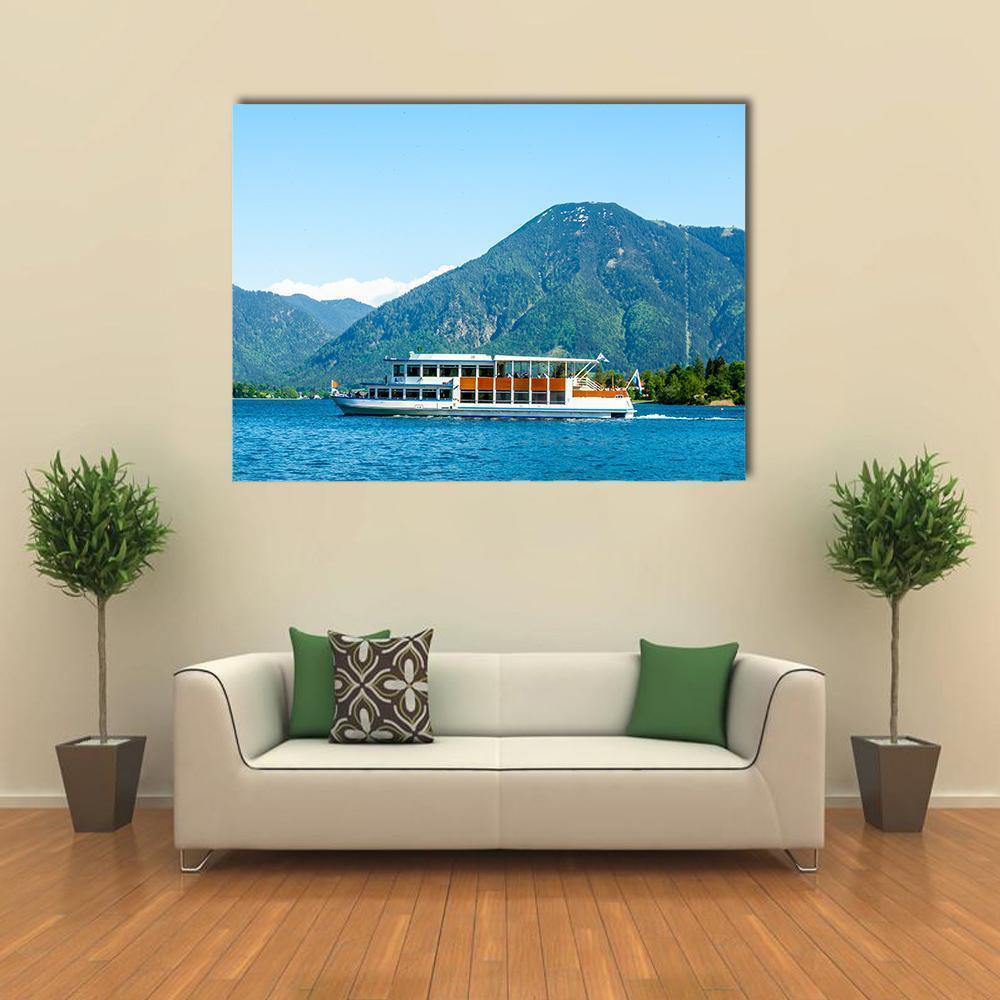 Ferry on Tegernsee Lake Canvas Wall Art in green and blue, single panel hung on a wall