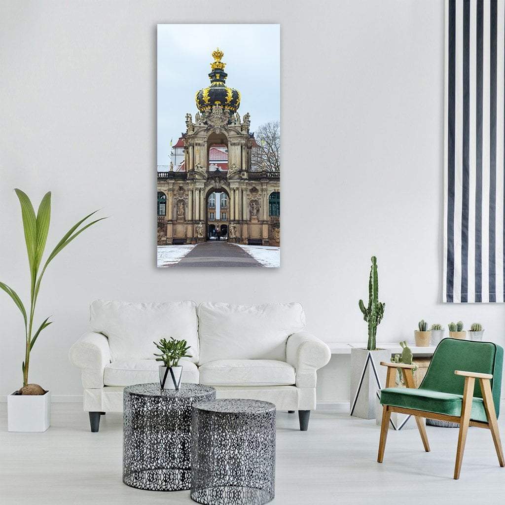 Zwinger Palace Crown-topped Gate Vertical Canvas Wall Art in gray, beige and gold, single vertical panel hung on a wall