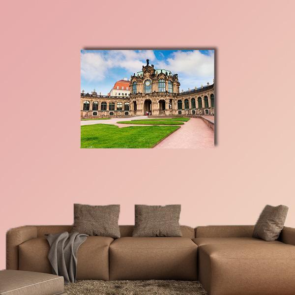 Zwinger Palace Courtyard Canvas Wall Art in brown, green and blue, single panel hung on a wall
