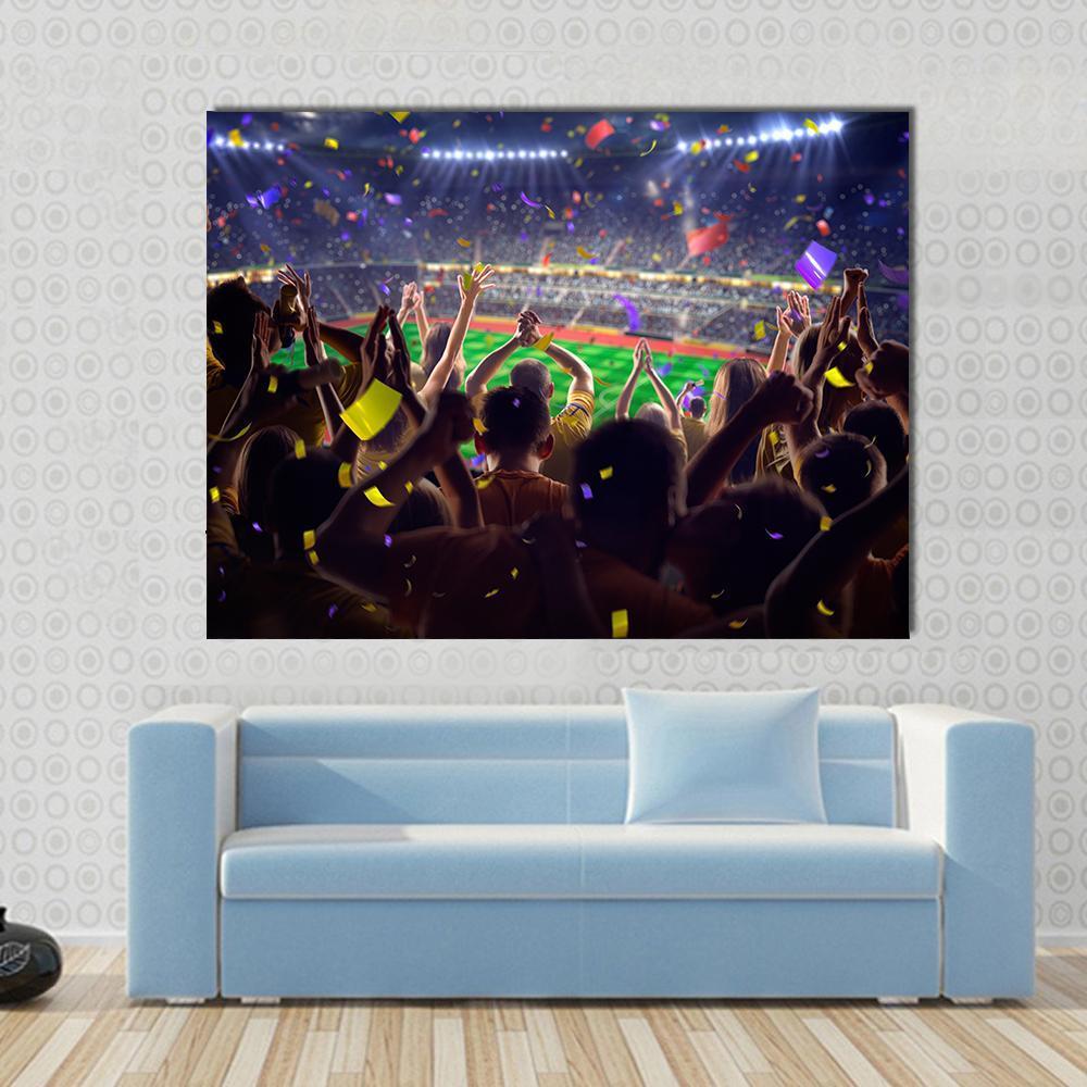 Stadium Soccer Game Celebration with Confetti Canvas Wall Art in black, blue and multicolor, single panel hung on a wall