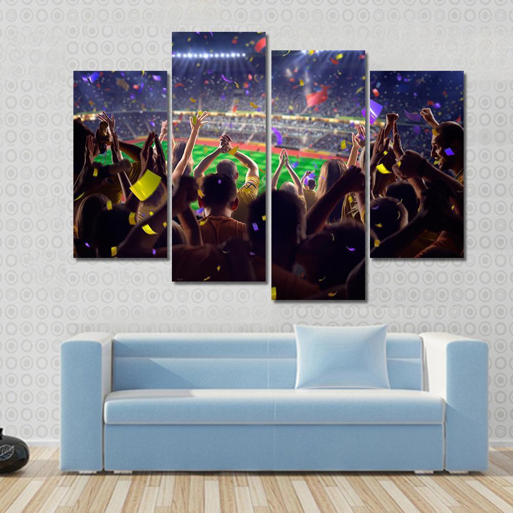 Fans On Stadium Soccer Game Confetti And Tinse Canvas Wall Art-4 Pop-Gallery Wrap-50" x 32"-Tiaracle