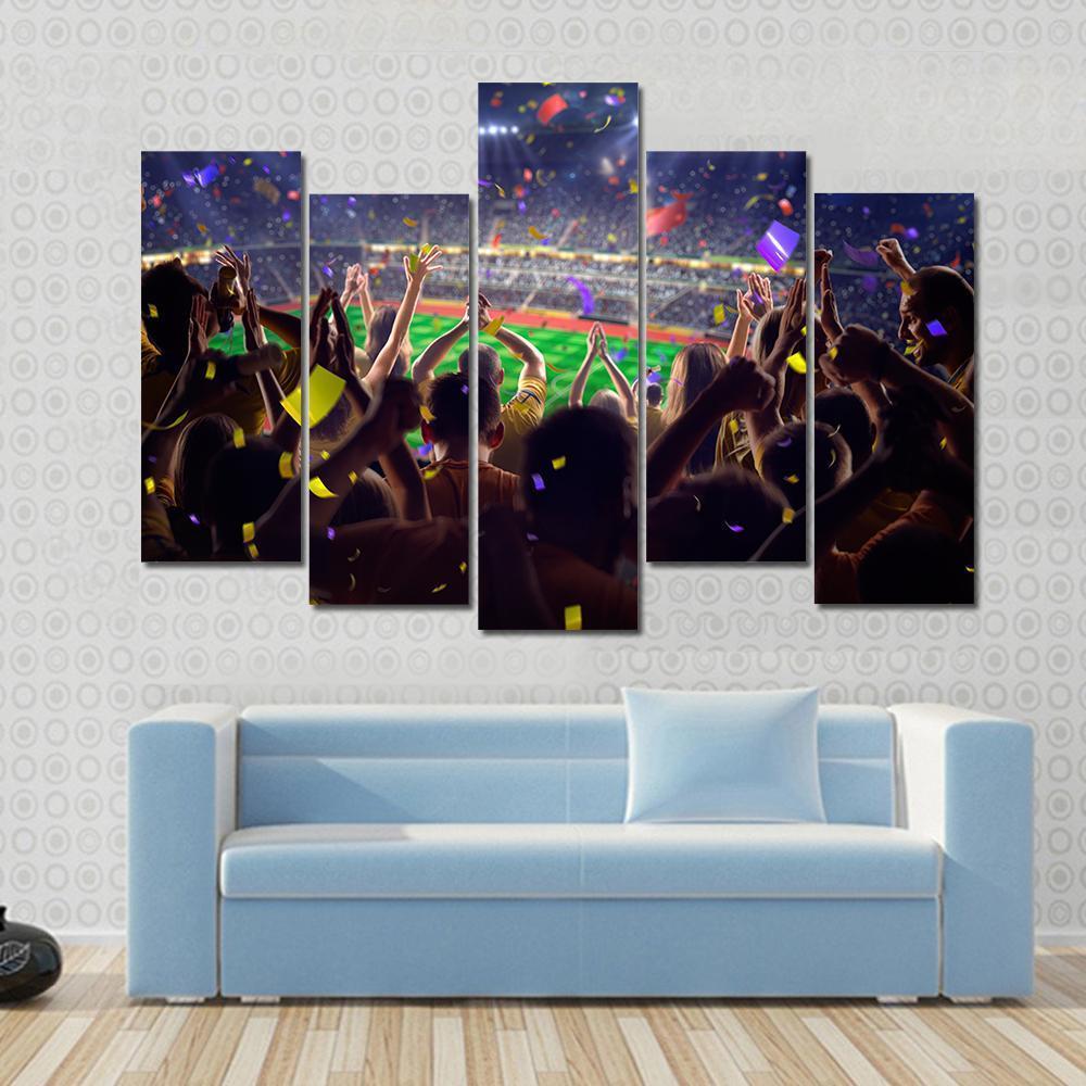 Fans On Stadium Soccer Game Confetti And Tinse Canvas Wall Art-5 Pop-Gallery Wrap-47" x 32"-Tiaracle